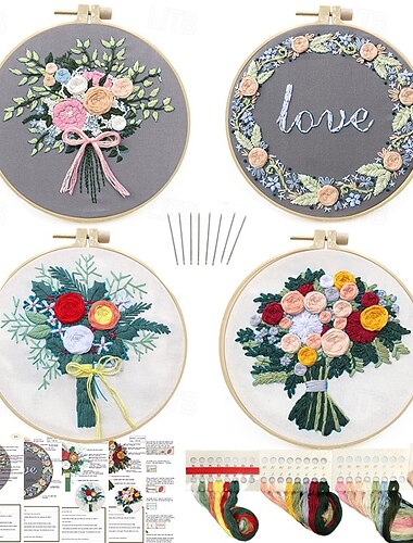  Sticksets Blumenmotive, Stick-Starter-Set, inklusive Stickstoff mit Motiven, Stickgarn, Stickrahmen und Anleitung