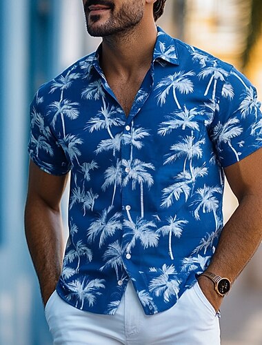 Men's Leaf Aloha Shirt Short Sleeve Hawaiian Vacation Summer Spring Turndown Button Up White Blue Green