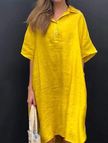  Naisten Pitkä mekko Maxi mekko Pellava-inspiroidut mekot Paitamekko Rento mekko Tyylikäs Vapaa-aika Loma Päivittäin Deitti Normaali Tavallinen Lyhythihainen Kauluskäänne Keltainen Punastuvan