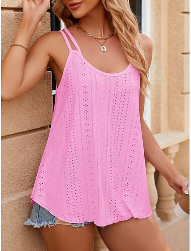  Women's Camisole Tank Top Solid Color Stylish Casual Sleeveless U Neck Regular Tops Daily Eyelet White Yellow Pink Wine Summer