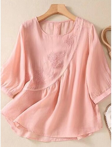  Damen Hemd Bluse Baumwoll-Leinen-Hemden Einfarbig Basic Lässig Dreiviertelarm Rundhalsausschnitt Normale Oberteile Täglich Bestickt Weiß Rosa Blau Khaki Sommer Frühling