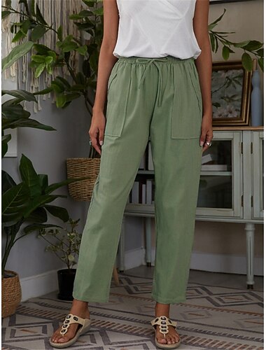  Women's Cotton Linen Pants Chinos Classic Style Full Length High Waist Plain Pocket Elastic Waistband Comfy Soft Comfortable Micro-elastic Outdoor Street Purple Green Summer Spring Regular Fit