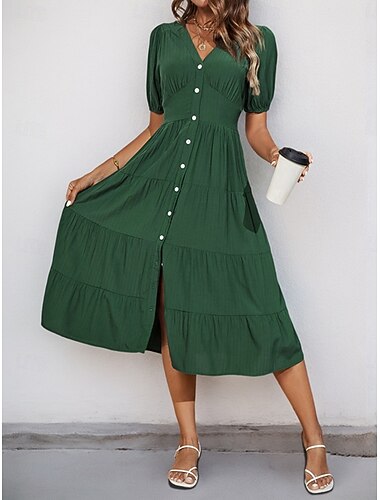  女性用 ミディドレス カジュアルドレス スイングドレス A ラインドレス ベーシック カジュアル バケーション 日常 レギュラー 平織り 半袖 Ｖネック グリーン 夏