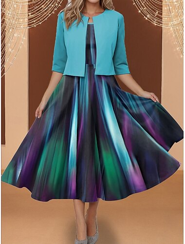  Robe Midi Femme Ensemble de Robe Deux Pièces Robe Imprimée Élégante Imprimé Ombré Manches Mi-Longues Col Rond Quotidien Bleu Printemps Automne Coupe Régulière