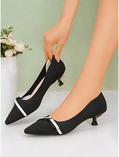  Donkerblauwe mesh kitten heels met puntige neus, strik en parelaccent voor dames – perfect voor op kantoor en casual