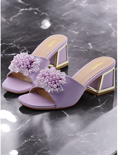  Lilla glidesandaler for kvinner med perle- og perlepynt – moteriktige, tykke hæle for uformelle utflukter og kveldsarrangementer