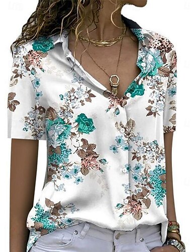  Dames Overhemd Blouse Bloemig Stijlvol Casual Korte mouw Overhemdkraag Normale tops Dagelijks Knop Afdrukken blauw Paars Groen Zomer Lente