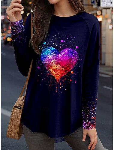  Valentinstag Damen T Shirt Herz Lässig Langarm Rundhalsausschnitt Lange Oberteile Täglich Druck Schwarz Frühling Herbst