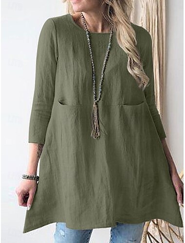  Damen Minikleid Baumwoll-Leinen-Kleider Freizeitkleid Stilvoll Basic Lässig Urlaub Täglich Lässiger Schnitt Einfach Dreiviertelarm Rundhalsausschnitt Grün Khaki Dunkelblau Sommer Frühling Herbst