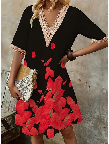  Mujer Mini vestido Vestido informal Elegante Casual Vacaciones Diario Ajuste regular Floral Manga Corta Escote en Pico Blanco Rojo Verano