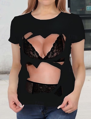  Valentinstag Damen lustiges T-Shirt lässig Grafik reguläre Tops Kurzarm Rundhals Print reguläre Passform Alltags Schwarz Sommer