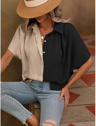  Damen Hemd Bluse Feste Farbe Stilvoll Brautkleider schlicht Kurzarm Hemdkragen Normale Oberteile Täglich Knopf Schwarz Weiß Sommer Frühling