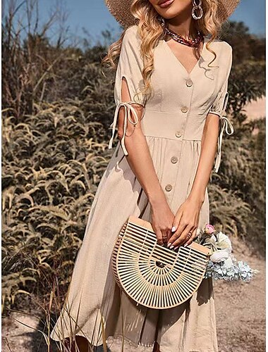  Damen Langes Kleid Maxikleid Baumwoll-Leinen-Kleider Freizeitkleid Niedlich Stilvoll Basic Urlaub Täglich Normale Passform Einfach Kurzarm V Ausschnitt Schwarz Grün Aprikose Sommer Frühling