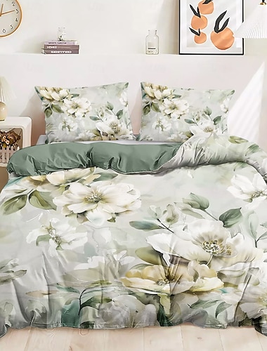  3-teiliges Bettbezug-Set aus 100 % Baumwolle mit weißem Blumenplüschstoff für den Sommer, weich, hautfreundlich, langlebig, bequem, leicht