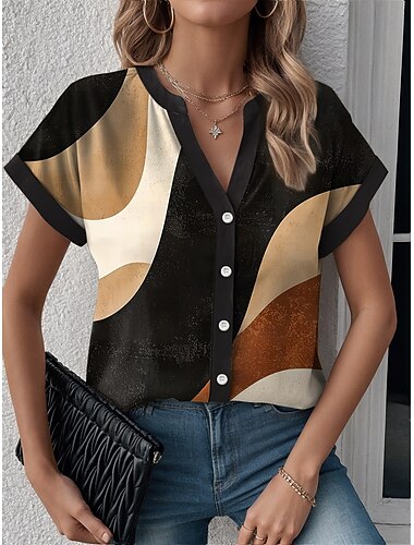  Camicia da donna a V con bottoni blusa geometrica a blocchi di colore moderna casual maniche corte colletto con scollatura a V top regolari lavoro quotidiano bottoni stampa nera estate primavera
