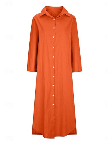  Pentru femei Rochie Maxi Rochii inspirate din in Elegant Epocă Stilat Vacanță Zilnic Dată Potrivire Largă Simplu Manșon Lung Guler Cămașă Alb Portocaliu Primăvară Toamnă