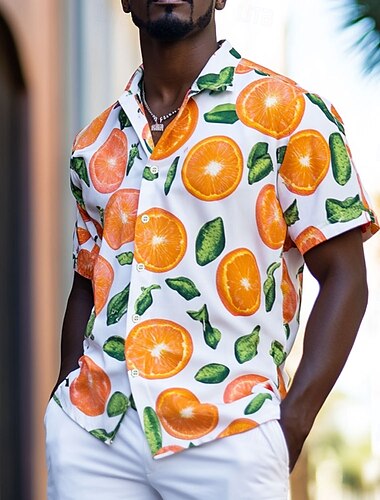  Herren Frucht Orange Hawaiihemd Sommerhemd Knopfhemd Aloha-Shirt Kurzarm Hawaiianisch Resort Urlaub Festtage Strandbekleidung Sommer Frühling Umlegekragen Hemden mit Kragen Weiß