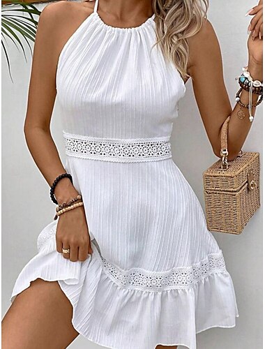  Women's Mini Dress White Dress Casual Dress A Line Dress Stylish Basic Casual Vacation Daily Date Regular Fit Plain Sleeveless Halter Neck White Fuchsia Summer Spring