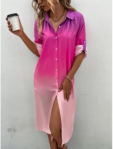 نسائي فستان ميدي شيرت دريس لباس غير رسمي أنيق كاجوال عطلة مناسب للبس اليومي عادي ظل كم طويل قبعة القميص وردي بلاشيهغ الصيف   نسائي فستان ميدي شيرت دريس لباس غير رسمي أنيق كاجوال عطلة مناسب للبس اليومي عادي ظل كم طويل قبعة القميص وردي بلاشيهغ الصيف