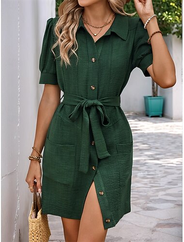  Damen Langes Kleid Maxikleid Leinen-inspirierte Kleider Hemdblusenkleid Freizeitkleid Elegant Stilvoll Lässig Urlaub Party Arbeit Normale Passform Einfach Kurzarm Hemdkragen Armeegrün Sommer Frühling