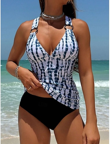  Femme Maillots de Bain Tankini 2 pièces Slip Brésilien Maillot de bain Dos Nu Taille haute Vacances Tenues de plage Tie Dye Col V Sans Manches Maillots de bain