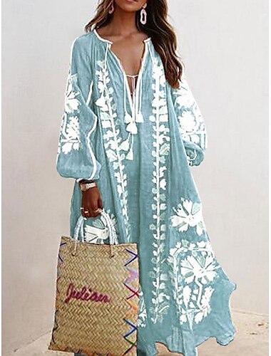  Damen Maxidress Casual kleid A Linie Kleid Boho-Kleid Stilvoll Brautkleider schlicht Urlaub Täglich Verabredung Lockere Passform Graphic Langarm V Ausschnitt Rote Leicht Blau Frühling Herbst