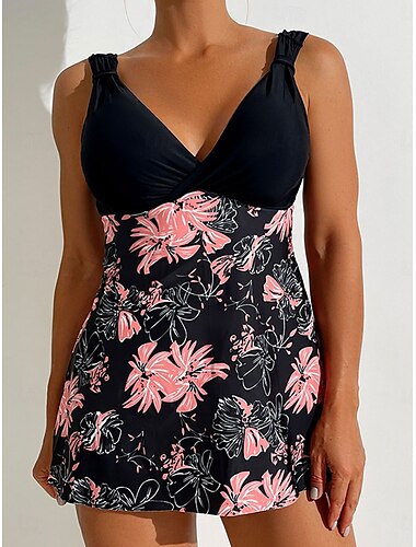  Dámské plavky Swimdresses 2 dílné Tankini plavky bez zadní části vysokým pasem štíhlé plážové oblečení na dovolenou grafický V výstřih bez rukávů