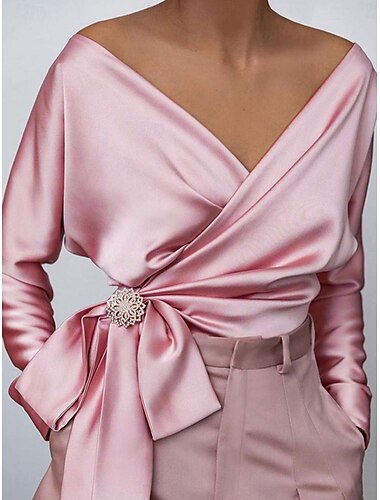  Mulheres Blusa Côr Sólida Elegante Esportes Diário Manga Longa Decote V Tops regulares Diário gravata na frente Rosa Azul Verão Primavera Outono