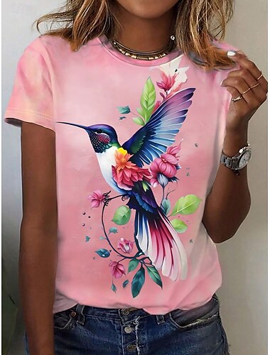  Femme T shirt Floral Oiseau Décontractées Manche Courte Col Rond Hauts réguliers du quotidien Imprimer Rose Claire Eté