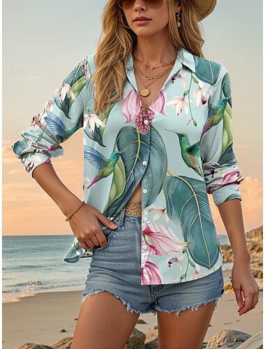  Per donna Camicia Floreale Casual Manica Lunga Colletto a Camicia Top Regolari Lavoro Quotidiano Bottoni Stampato Verde Primavera Autunno Inverno
