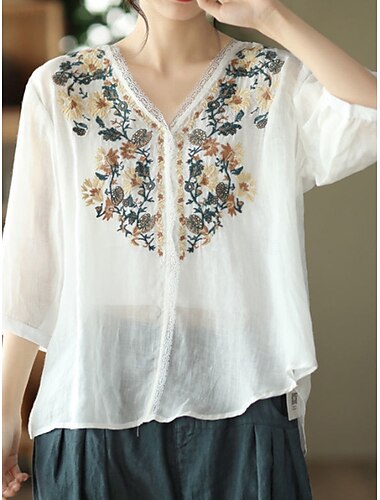  Dames Overhemd Katoenen linnen overhemden Knoop omhoog Blouse Bloemig Stijlvol Casual Korte mouw V-hals Normale tops Dagelijks Geborduurd Wit Rood Marineblauw Khaki Zomer Lente Herfst