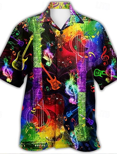  Voor heren Muziek Gitaar Overhemd Hawaiiaans overhemd Overhemd met knopen Korte Mouw Tropisch Modieus Streetwear Straat Casual Dagelijks Zomer Lente Strijkijzer Afdrukken Button-omlaag Geel Leger