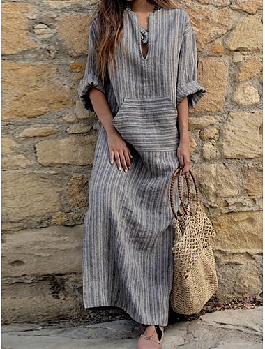  Femmes Normal Robe maxi Robes en coton et lin Robe Vintage Élégant Occasionnel Travail Quotidien Coupe Ample Rayure manche longue Col en V Rouge Vert Gris Printemps Automne