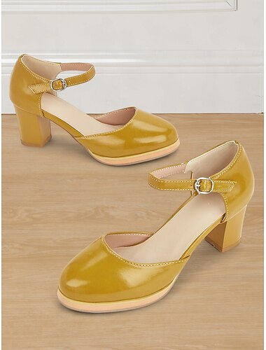  Women's Yellow Mary Jane Block Heel Pumps with Round Toe and Adjustable Strap for Retro Style, Office Wear and Formal Events
