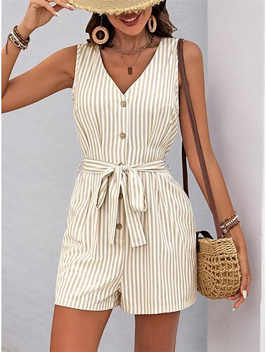  Damen Normal Kurz Jumpsuit Aktiv Gestreift Ärmellos V Ausschnitt Knopf Tasche Urlaub Täglich Lockere Passform Khaki Leicht Blau Sommer