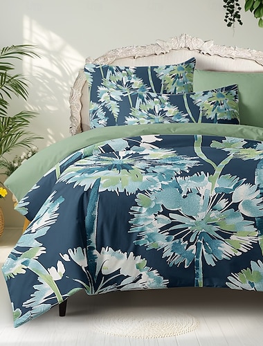  3-teiliges Bettwäscheset mit blauer Tintenillustration und Blumenmotiv für Hotelschlafzimmer, Gästezimmer, bequemes Hotelbettwäscheset, 1 Bettbezug, 2 Kissenbezüge