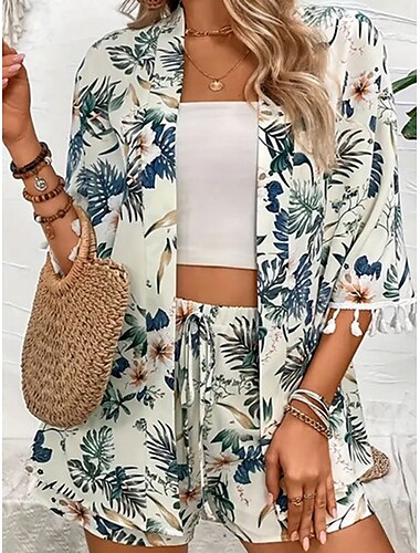  Dam Kostymer Andningsfunktion Bekväm Tofs Mönster Ledigt Blommig Semester Gata Dagliga kläder Utekväll Öppen front Normal Kraglös Normal 3/4 ärm Ytterkläder Vit Sommar Vår