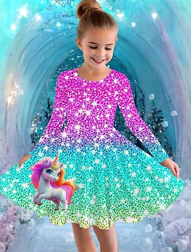  Tyttöjen 3D Kuvitettu Yksisarvinen Mekko Pitkähihainen Kesä Kevät Loma Päivittäin Pyhäpäivä Prinsessa Kaunis Makea Lapset 4-12 vuotta Rento mekko A linjainen mekko Polvipituinen Normaali