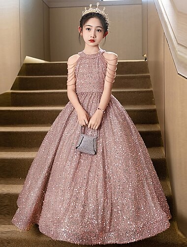  Bloemenmeisjesjurk kinderen Voor meisjes Prinses jurk Prestatie Bruiloft Feest Elegant Mooi Pailletten Effen Kleur Mouwloos Strakke ronde hals Zwart Rood 4 jaar +