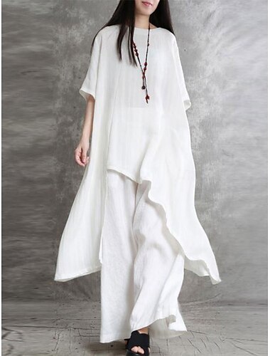  Femmes Mode Streetwear Quotidien Chemise Ensembles inspirés du lin Ensembles deux pièces Pantalons à Jambes Larges Manche 3/4 Col ras du cou Uni Occasionnel Quotidien Noir Blanche Vert Véronèse