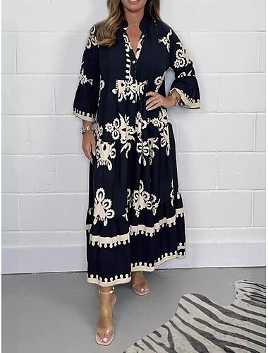  Damen Maxidress Casual kleid Boho Chic Kleider Boho-Kleid Böhmen Stilvoll Brautkleider schlicht Urlaub Täglich Strand Lockere Passform Graphic 3/4 Ärmel V Ausschnitt Schwarz Rote Grün Beige Sommer