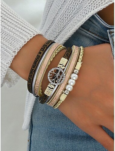  pulseira de couro masculina com pingente de árvore da vida – design multicamadas com pérolas, ajustável, elegante para estilo casual e boho