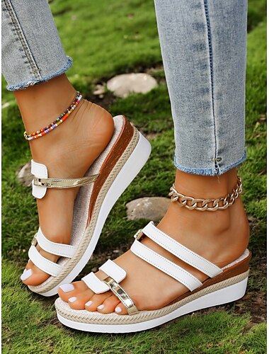  sandálias plataforma femininas brancas com tiras douradas, estilo casual slip-on para passeios de verão e moda praia