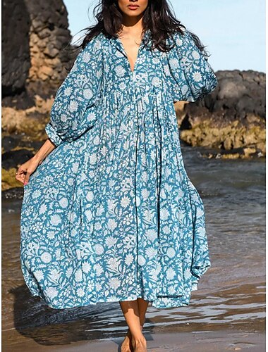  Damen Midikleid Casual kleid Stilvoll Brautkleider schlicht Urlaub Täglich Regular Fit Blumen 3/4 Ärmel Rundhalsausschnitt Marineblau Blau Frühling Herbst