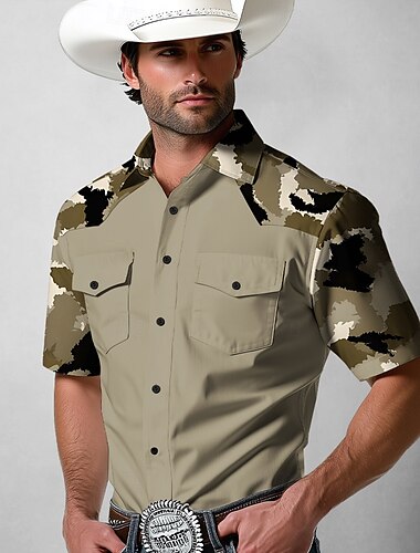  Herren Tarnfarben Westernhemd Knopfhemd Cowboy-Shirt Langarm Western Vintage-Retro Outdoor Casual Frühling Herbst Umlegekragen Hemden mit Kragen Zwei Fronttaschen Cachi scuro Braun Khaki