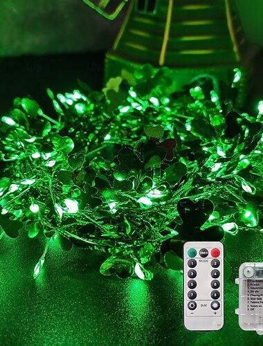  St. Patrick's Day Kleeblatt-Kracherlichterkette 3 m 100 LEDs - AAA-Batteriebetriebene Lichterkette mit Fernbedienung und 8-Funktions-Controller für festliche Atmosphäre, dekorativ, 1 Stück