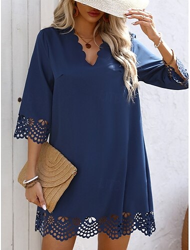  Damen kleid lang Casual kleid A Linie Kleid Stilvoll Basic Brautkleider schlicht Party Arbeit Täglich Regular Fit Glatt Langarm V Ausschnitt Schwarz Blau Sommer Frühling Herbst