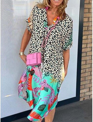 Női Hosszú ruha Maxi ruha Nyári ruha nyári ruha Szüret Stílusos Vakáció Napi Laza öltözet Grafika Leopárd Rövid ujjú V-alakú Arcpír rózsaszín Medence Narancssárga Barna Nyár