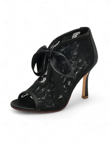  Weiße Peep-Toe-Stiefeletten aus Spitze für Damen mit Satinband zum Binden – elegante Hochzeitsschuhe mit hohen Absätzen für Bräute
