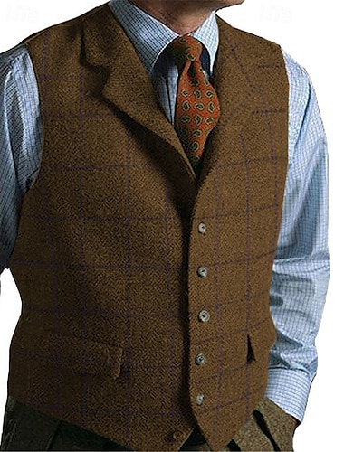  Herren Weste Wildlederweste Urlaub Täglich Verabredung Modisch Brautkleider schlicht Frühling & Herbst Knopf Tasche Polyester Komfortabel Plaid Einreiher - 1 Knopf Kargen Regular Fit Dunkelbraun